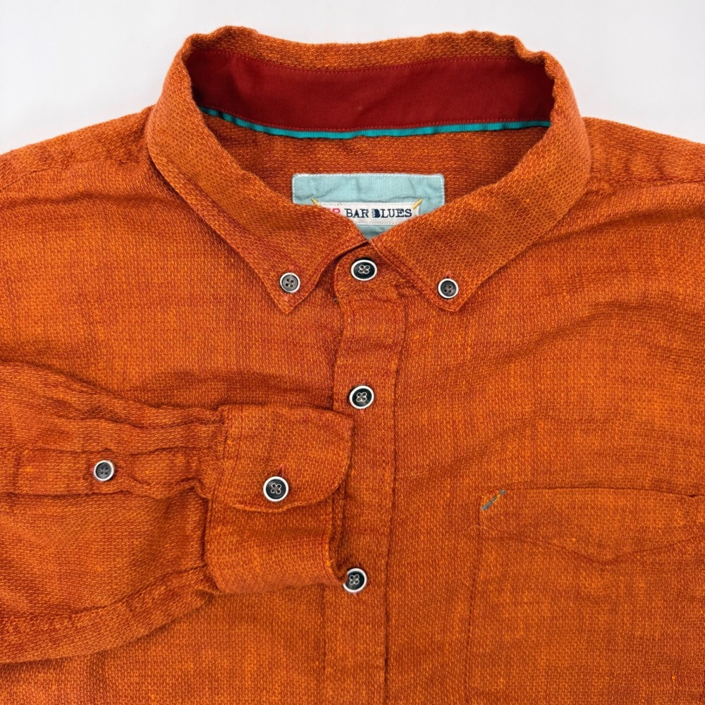 32 Bar Blues Button Down Shirt Men XL Orange Linen Blend Long Sleeve Solid